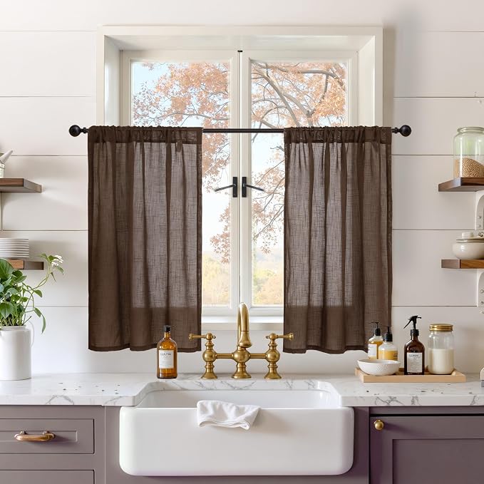 BGment Brown Linen Short Curtains 36 Inch Length for Window, Small Sheer Drapes for Kitchen Cafe Over Sink Bathroom Decor Lightweight Rustic Country Textured Rod Pocket, 2 Panels, Each 30 Inch Wide