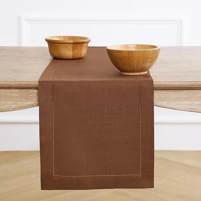 Solino Home 100% Linen Table Runner Brown, Classic Hemstitch 14 x 120 in | dresses up dining tables for everyday meals, hemstitched border, mitered corners, machine washable, Brown, OEKO-TEX Certified