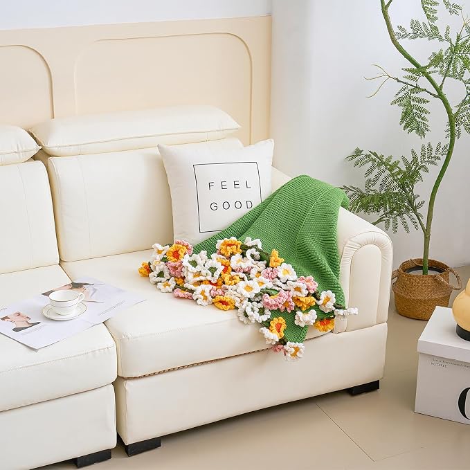 Longhui bedding Field of Daisies Hand Crochet Throw Blanket - 40 Inch Lightweight Floral Afghan, The Perfect Cute & Romantic Gift for Women, Girlfriend, Mom | Mother’s Day, Valentine‘s & Birthday