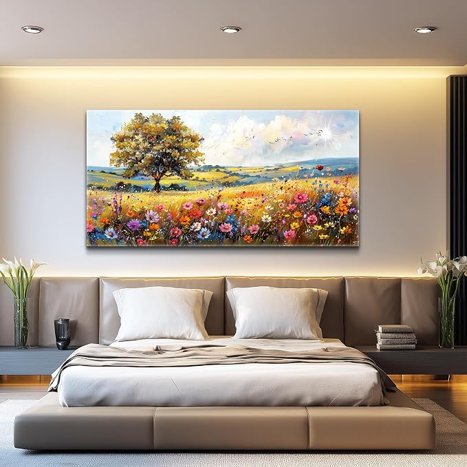 hyidecorart Large Wall Art For Bedroom Canvas Wall Decor For Living Room Office Decorations Flower Scenery Watercolour Wall Paintings Field Pictures Artwork Aesthetic Room Home Decor Hang Easy