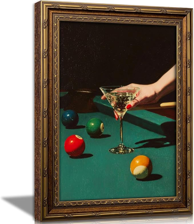 Vintage Gold Framed Bar Wall Art, Retro Dive Bar Martini Pool Oil Painting Canvas Print, Trendy Billiards Cocktail Picture, Lucky 8 Ball Poster Artwork for Tavern Kitchen Dining Room