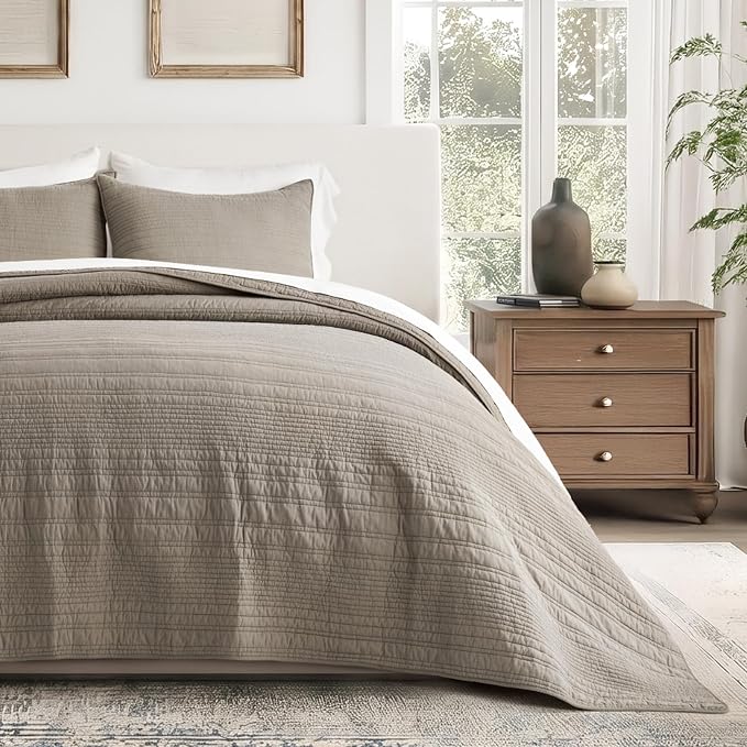 EVERGRACEHOME 100% Cotton Quilt Set Oversized Cal King, Stone Taupe | Pre-Washed Soft Cotton, Striped Coverlet Bedspread, 3 Piece Lightweight Bedding Set for All Season, with 2 Pillow Shams