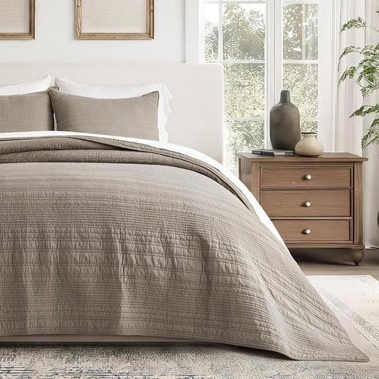 EVERGRACEHOME 100% Cotton Quilt Set Oversized Cal King, Stone Taupe | Pre-Washed Soft Cotton, Striped Coverlet Bedspread, 3 Piece Lightweight Bedding Set for All Season, with 2 Pillow Shams