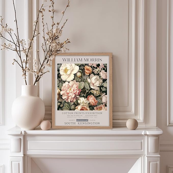Poster Master William Morris Poster - Pink Peonies Print - Flower Art - Botanical Art - Exhibition Illustration - Textile Pattern Illustration - Floral Illustration - Aesthetic Office or Bedroom Decor - 8x10 Beige Framed