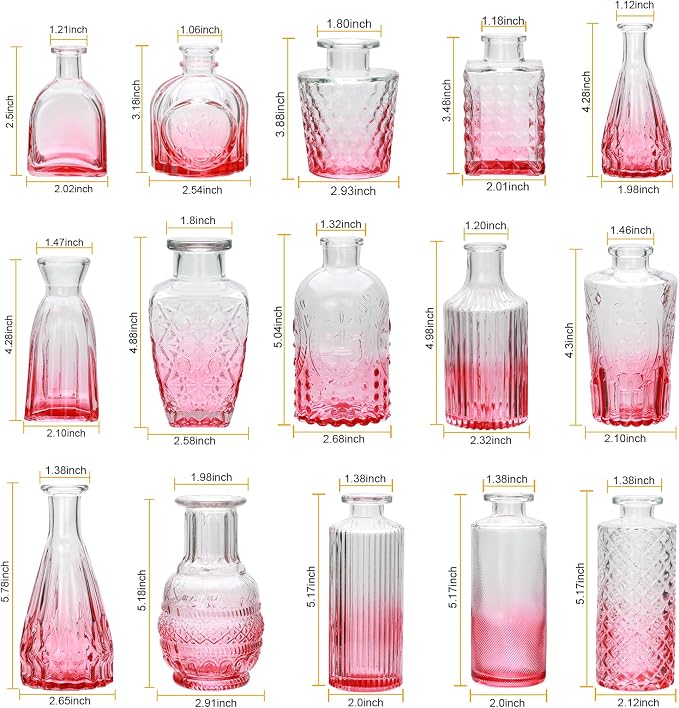 Glass Pink Bud Vase Set of 18,Small Glass Vintage Vases for Flowers | Bud Vases in Bulk for Rustic Wedding Decor,Table Centerpieces,Small Bud Vases for Decor Centerpiece for Bathroom
