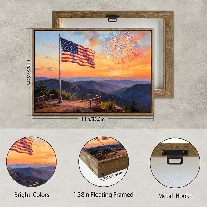 American Flag Framed Canvas Wall Art, 4th of July Patriotic Canvas Prints | USA Flag with Ocean Sunset Landscape Poster Print, Independence Day Wall Decor for Bedroom Living Room 11×14in
