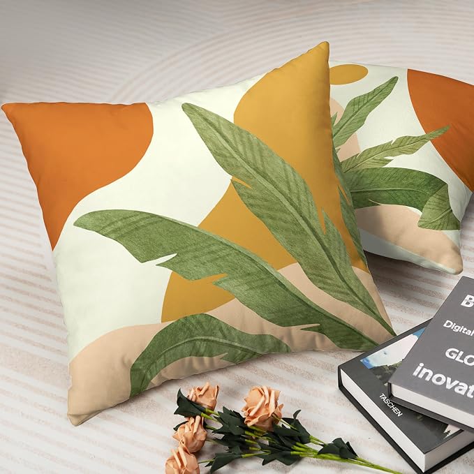 Tropical Leaves Throw Pillow Covers Boho Abstract Pillow Covers Palm Leaf Decorative Square Pillow Case 24x24 for Home Decor Living Room Couch 2 Pack