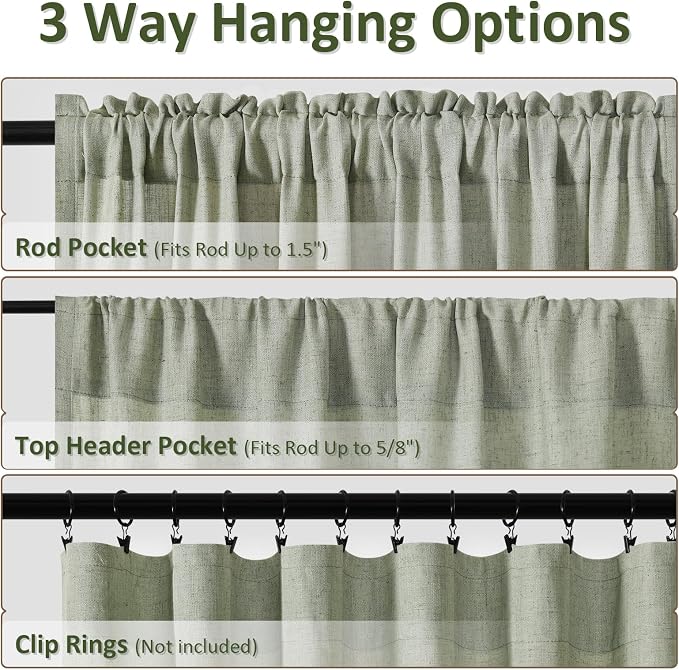 Sage Green Linen Curtains 90 Inch Length for Living Room Bedroom 2 Panels Set Rod Pocket Light Filtering Semi Sheer Window Curtains 52 Inch Width Boho Farmhouse Linen Drapes, W52xL90