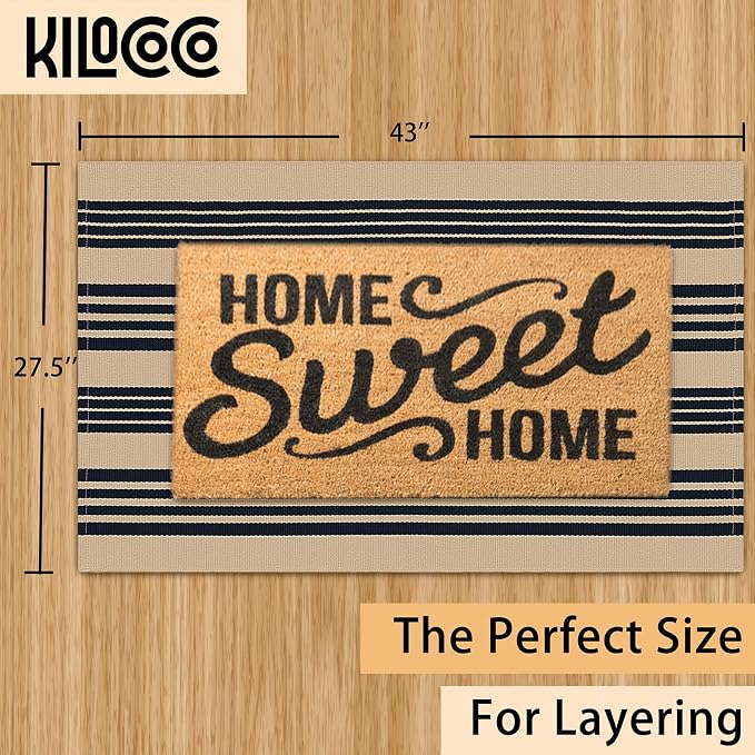 KILOCOCO Striped Rug 2.3'x3.6' Indoor Outdoor Rugs Front Door Mat, Brown | Cotton Washable Striped Front Porch Rug, Woven Layered Doormats, Welcome Mat for Entryway, Low Pile Kitchen Rugs