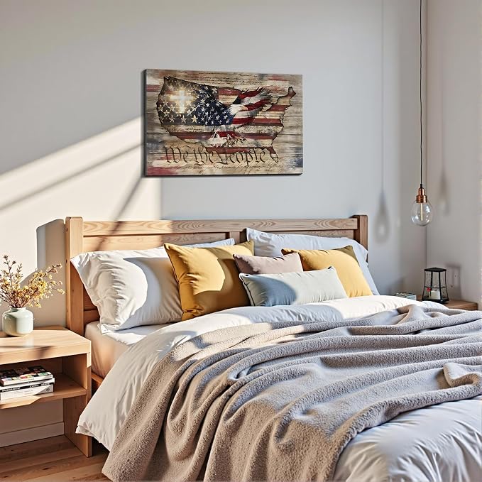 Framed We The People Bald Eagle USA Map Wall Art, Patriotic American Flag Canvas Art Pictures, Patriotic Wall Decor for Office Living Room Man Cave, Ready to Hang Made in USA