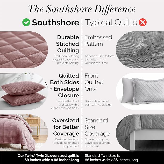 Southshore Fine Living, Inc. Twin Quilt Bedding Set, Soft Brushed Microfiber Quilt, Twin Coverlet Bedspread, Wrinkle & Pet Hair Resistant Bedding, Easy Care, with 1 Pillow Sham, Lavender