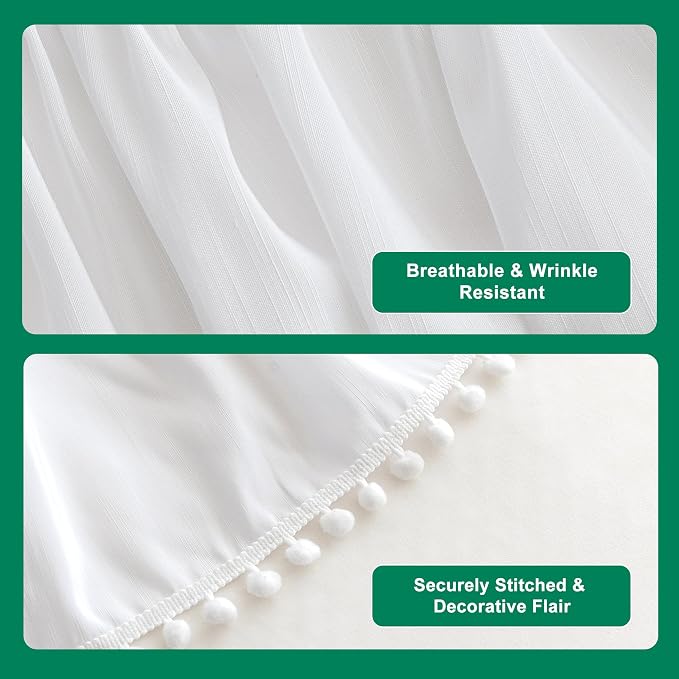 Wrap Around Queen Size Bed Skirt 15" Drop-Elastic Dust Ruffle White Pompom | Adjustable Pleated Bedskirt-Easy Fit Wrinkle Resistant Washable Hotel Quality Fabric Bed Skirting-Master Guest Bedroom Rental