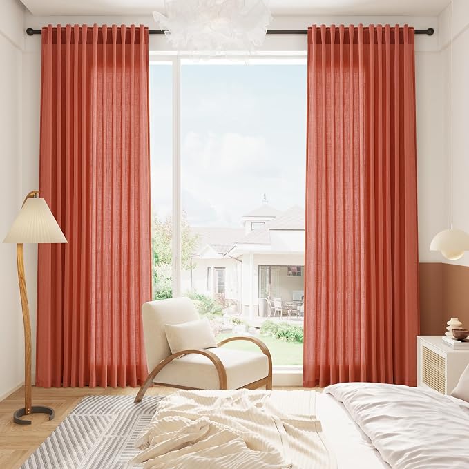 Coral Linen Curtains 102 Inches Long 2 Panel Set Back Tab Rod Pocket Semi Sheer Light Filtering Burlap Extra Long Drapes Neutral Farmhouse Decor for High Window Living Room 52x102
