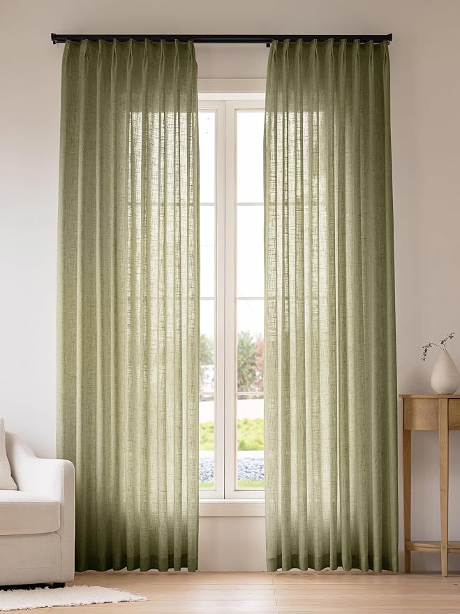 Liz Pinch Pleated Linen Curtains Light Filtering Curtains for Living Room, Farmhouse Window Curtains for Bedroom, Modern Drapes with Hooks and Rings, 95 Inches Long, Olive Green, 2 Panels Set