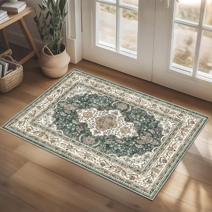 AooHHooA 2x3 Washable Entryway Rug Green, Soft Stain Resistant 2x3 Boho Rug Vintage Small Rugs for Entryway, Low Pile Lightweight Non-Slip Indoor Door Mat Small Rugs for Bedroom Bathroom