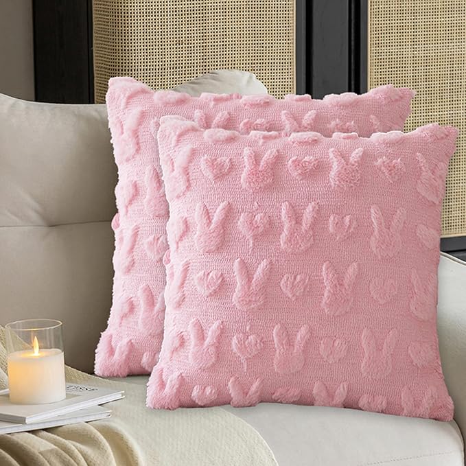 ONFAON Easter Decorations-Easter Pillow Covers 18x18 inch Set of 2 Soft Plush Faux Wool Pink Throw Pillows for Bedroom Sofa Holiday Festivals Home Decor