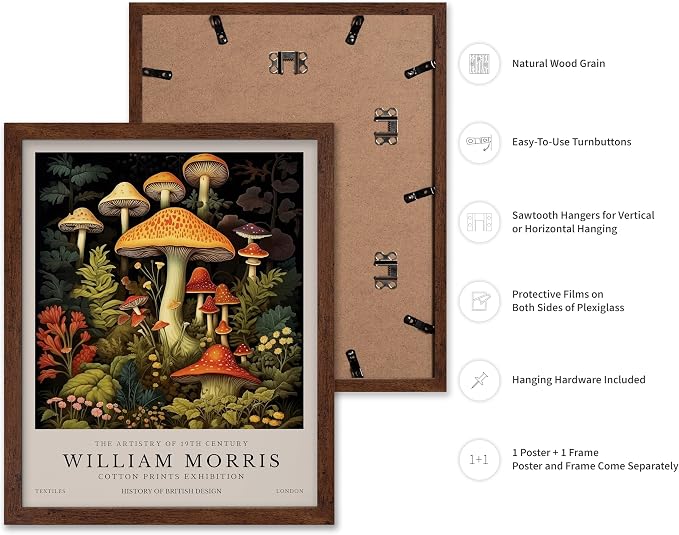 Poster Master William Morris Poster - Mushrooms Print - Flower Art - Farmhouse Illustration - Floral Illustration - Aesthetic Piece - Office or Living Room Decor - 11x14 Brown Framed