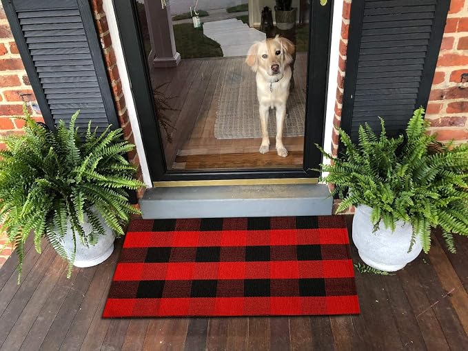 UKELER Cotton Buffalo Check Rugs Red and Black Plaid Rug Decorative Washable Kitchen Rugs Hand-Woven Buffalo Checkered Porch Rugs Door Mat, 51.2''×23.6''