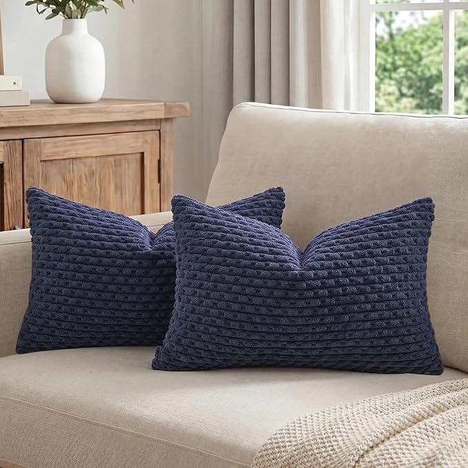 Fancy Homi 2 Packs Navy Blue Long Lumbar Decorative Throw Pillow Covers 14x24 Inch for Couch Bed Sofa, Modern Farmhouse Boho Home Decor, Soft Cute Plush Corduroy Rectangle Cushion Case 35x60 CM
