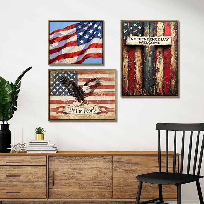 American Flag Framed Canvas Wall Art, 4th of July Patriotic Canvas Prints | USA Flag Wood Texture Poster Print, 4th of July Red White Blue Wall Decor for Bedroom Living Room 20×24in