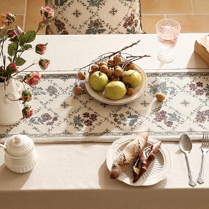 Patdrea Designer French Elegant Linen Table Runner,12"X71"-Audrey A | Vintage Tablerunner 71 Inches Long,Floral Pattern with Tassel Edge,Decorative Runner for Dining Room Living Room