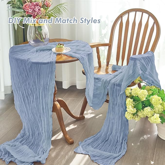 IVAPUPU Dusty Blue Table Runner 120 Inches for Birthday Party Home Decor | 6 Pcs Boho Gauze 10FT Cheesecloth Table Runners for Wedding Baby Shower Decorations Summer Garden Farmhouse