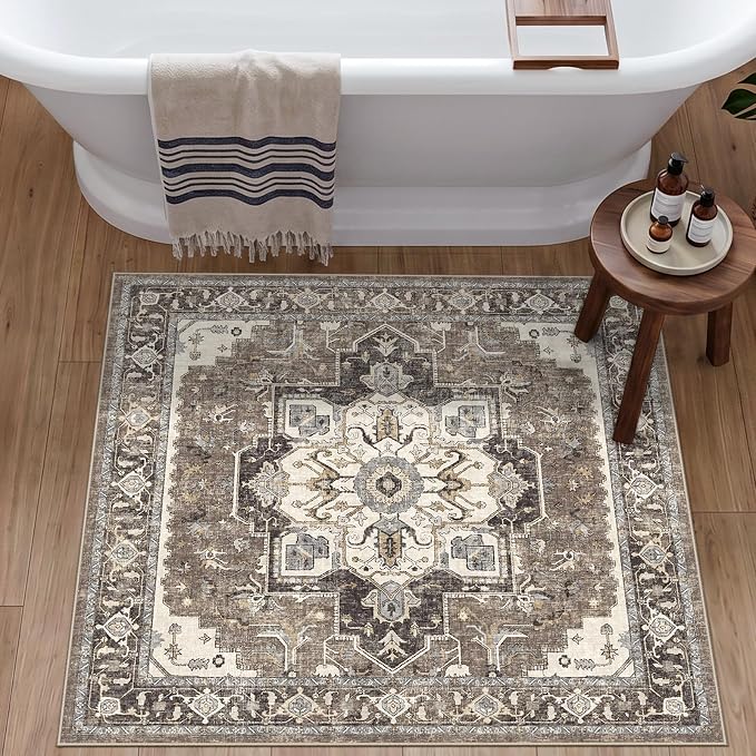 Washable 3x3 Square Rug Entry: Vintage Throw Rugs with Non-Slip Rubber Backing Soft Thin Stain Resistant Carpet for Kitchen Bedroom Entrance Home Decor Floor Mat for Living Room Bathroom (Beige,3x3)