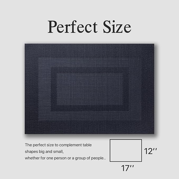 Placemats Set of 8 - Easy Clean Woven Vinyl Placemats for Dining Table, Indoor/Outdoor Place Mats, Washable PVC Table Mats（Black Cube）