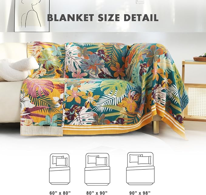 MSGKV Boho Throw Blanket 80"x90" 100% Cotton Floral Throw for Bed Couch | 100% Cotton Throw, Floral Pattern, Reversible Woven, Lightweight Comfort, Farmhouse Decor, All Seasons, Machine Washable
