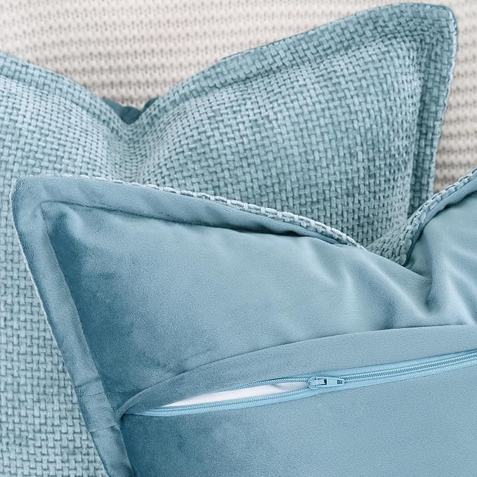 MADIZZ Decorative Chenille Velvet Throw Pillow Covers Set of 2 Soft Boho Textured Neutral Couch Throw Pillow for Bed Modern Farmhouse Home Decor for Sofa Livingroom Light Blue 12x20 Inch