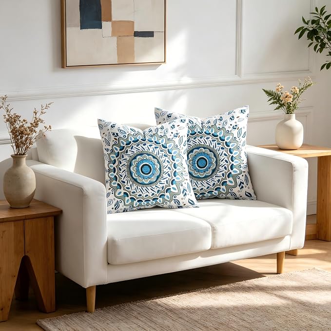 Boho Throw Pillow Covers 18x18 Set of 2 Blue Mandala Decorative Cushion Covers with Hidden Zipper Soft Polyester Double Sided Machine Washable