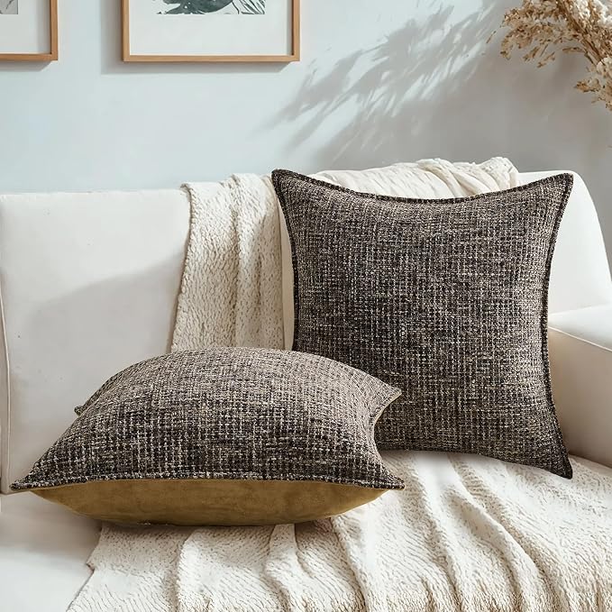HAUSSY Pack of 2 Chenille Tweed Throw Pillow Covers 22x22 Inch, Coffee