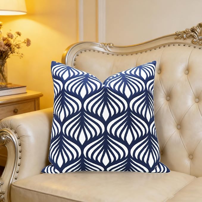 Slow Cow Embroidery Decorative Throw Pillow Cover Case for Couch Sofa Home Decor Modern Geometric Accent Pillow Cushion Cover 18 x 18 Inches Navy Blue