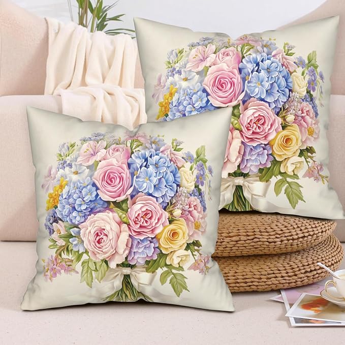 Spring Summer Floral Pillow Covers 22x22 Pink Rose Blue Hydrangea Throw Pillow Covers Exquisite Bouquet Pillow Case Flowers Cushion Case for Living Room Couch Sofa 2 Pack