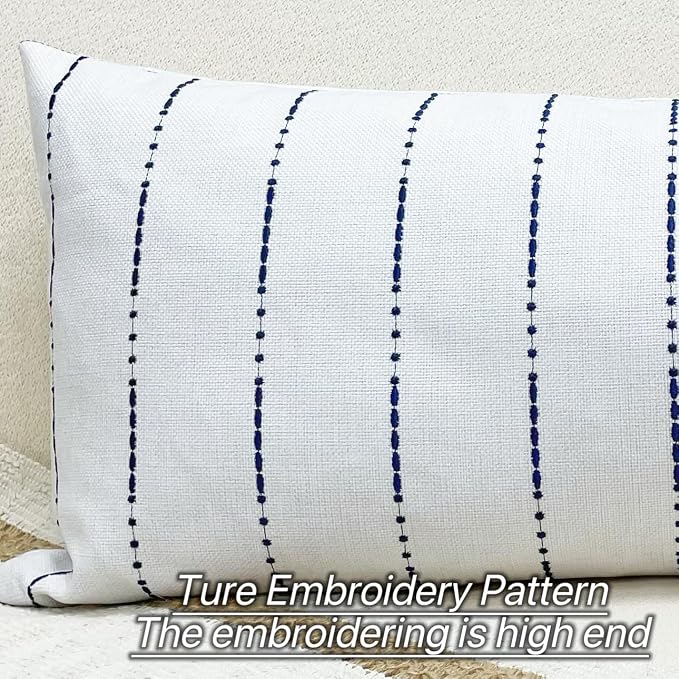 Slow Cow Linen Embroidery Decorative Lumbar Throw Pillow Cover Rectangular Pillowcase Cushion Cover for Bed Couch Sofa 12 x 33 Inches Navy Blue