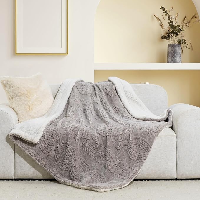 EverGrace Jacquard Reversible Sherpa Throw Blanket, 50" x 60", Silver Gray | Jacquard Sherpa Throw Blanket, Super Soft, Cozy Plush Blanket, Reversible Thick Warm Throw for Bed, Sofa, Living Room