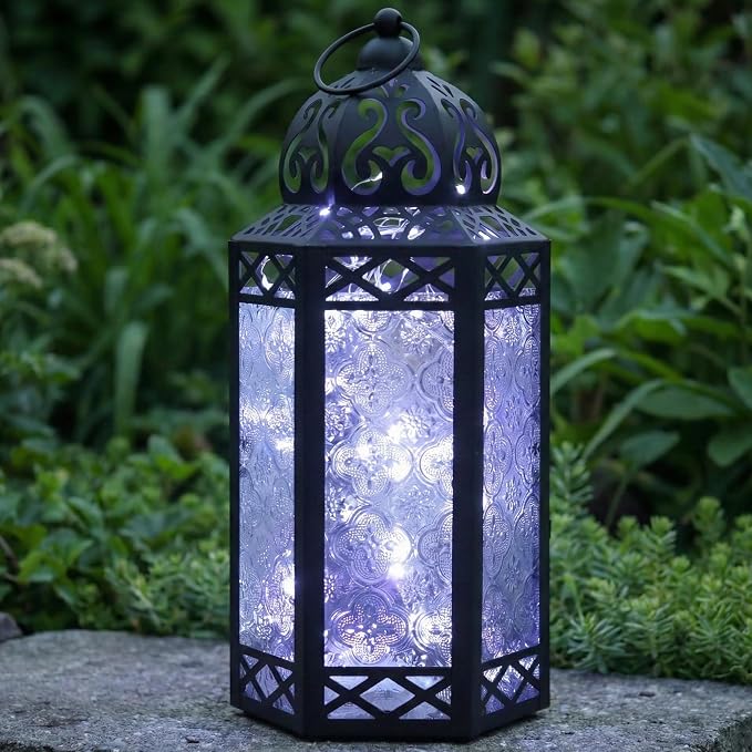 Vela Lanterns Decorative Indoor Fairy Light Candle Holder, Clear, L | Ramadan & Eid Decor, Fantasy Wedding Centerpieces, Moroccan Metal Hanging Flameless LED Lamp, Outdoor Porch Patio, 12" Tall