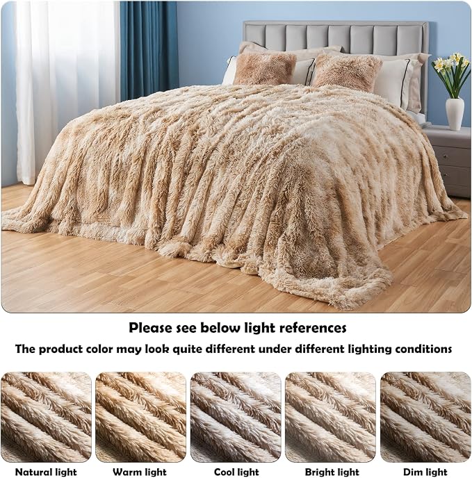 GONAAP Fuzzy Faux Fur Throw Blanket for Couch, Tie-dye Beige, 50"x60" | Warm Cozy Plush Shaggy Decorative Reversible Thick Non-Heated Fleece Blanket for Sofa Bed, Gift for Women Men, All Season Use