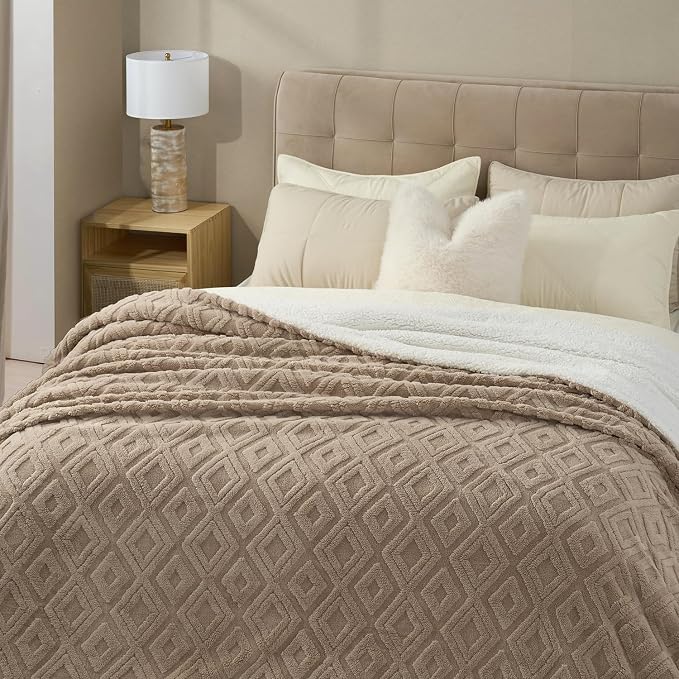 EverGrace Jacquard Reversible Sherpa Throw Blanket, 90" x 90", Khaki Tan | Jacquard Sherpa Throw Blanket, Super Soft, Cozy Plush Blanket, Reversible Thick Warm Throw for Bed, Sofa, Living Room