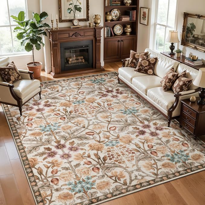 Ciicool Large 5x7 Area Rugs for Living Room Floral Boho Washable Rug | Soft Low-Pile Carpet for Bedroom Dining Room Kids Nursery Home Office Playroom Carpets Decor