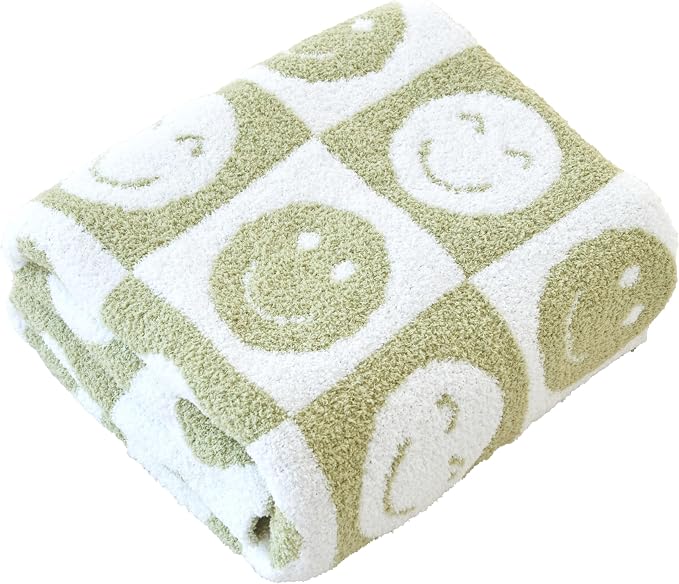 Ultra Soft Cozy Happy Smiling Face Checkered Knitted Throw Blanket Fluffy Microfiber Checkerboard Bed Blanket Lightweight Both Sides Blanket for Couch Sofa Bed (Smile Green, Throw 50“x60”)
