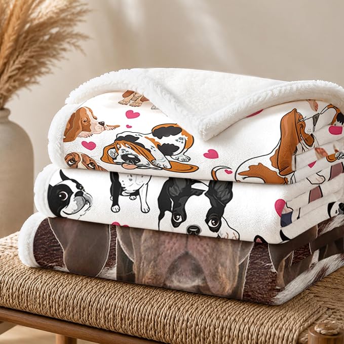 BlessLiving Throw Blanket, White Brown Dog Animal, 60x80 in | sherpa fleece fabric, Basset Hound Dense Pet Blankets Puppy print, for couch or sofa, pet lovers, easy machine care