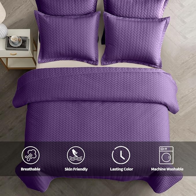 Maple&Stone Dark Purple Quilt Set King Size, Lightweight Bedspread | Breathable Coverlet with Chevron Pattern, All-Season Dorm Bed Cover Set Bedding Decor 3 Piece