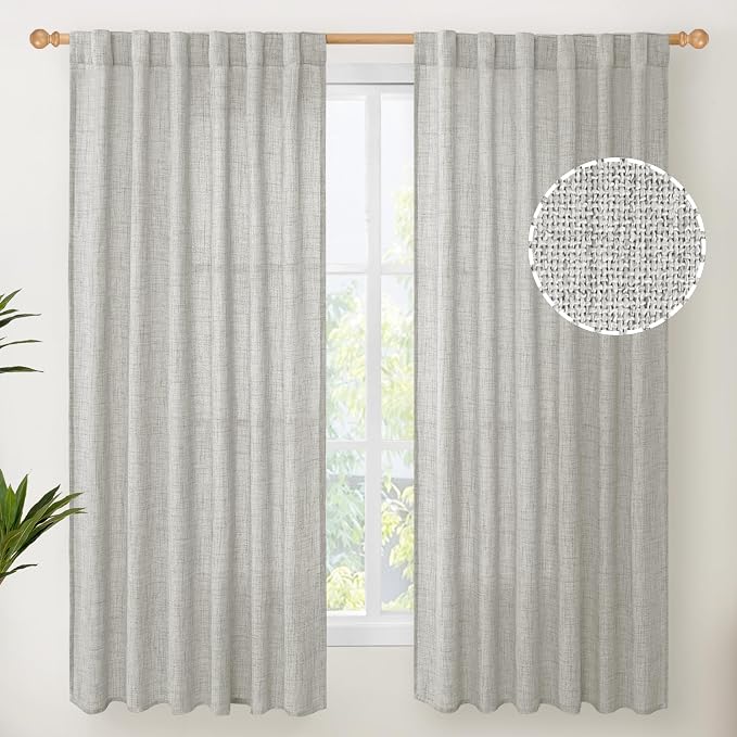 Light Grey Linen Semi Sheer Curtains 52x63 Inch Length for Living Room | Textured Window Drapes with Rod Pocket Back Tab Light Filtering for Office Bedroom, 2 Panels Set