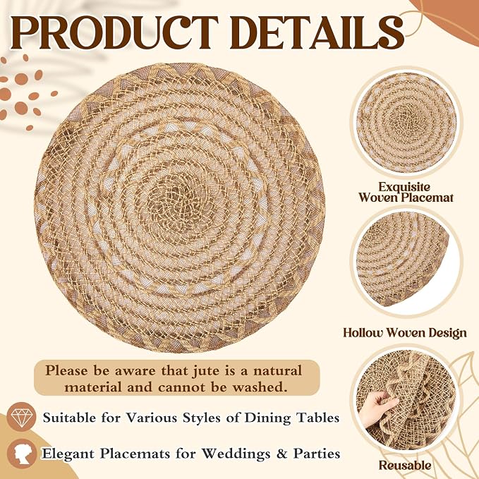 12 Pcs 15 Inch Round Burlap Placemat Boho Jute Woven Charger Bulk Rustic Vintage Natural Brown Heat Resistant Dining Table Mat for Wedding Farmhouse Home Kitchen Easter Summer Party Decoration