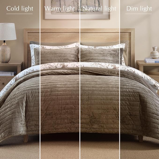 WRENSONGE Velvet Quilt Set King Size- Taupe Quilt Bedding Set with 2 Shams | Lightweight Luxury Velvet Comforter, Modern Bedspread Coverlet for All Seasons