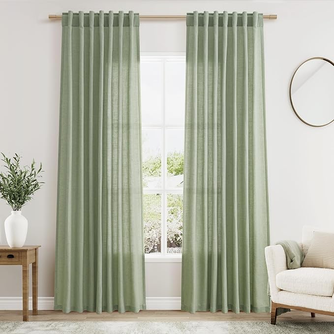 Nanspringt Light Sage Linen Semi Sheer Curtains 80 Inch Length for Living Room Lightweight Door Drapes 2 Panels Set for Bedroom Light Filtering Back Tab Rod Pocket Curtain Protect Privacy 52x80