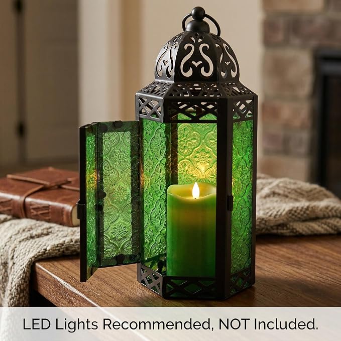 Vela Lanterns Decorative Indoor Moroccan Candle Holder, Green, M | Emerald Green Glass Decor, Ramadan Lantern, Turkish Votive Pillar Lamp, Whimsigoth Witch Tealight Holder, 10.5in Tall