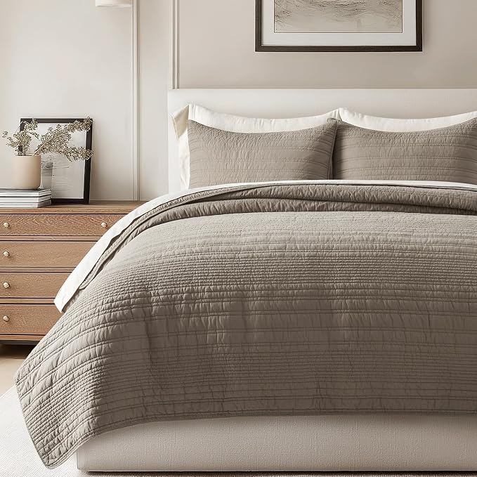 EVERGRACEHOME 100% Cotton Modern Lines Quilt Set King Size, Stone Taupe | Pre-Washed Soft Cotton, Striped Coverlet Bedspread, 3 Piece Lightweight Bedding Set for All Season, with 2 Pillow Shams