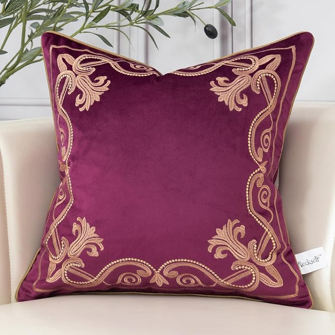 Aeckself Floral Pillow Cover 20x20 Inch, Luxury Velvet Embroidered Decorative Accent Throw Pillow Cover for Couch Bedroom Living Room, Burgundy Red and Gold, Yw-OBYG-Red5050